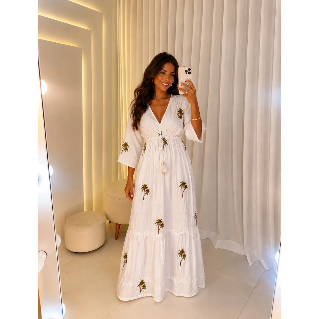 Vestido Longo Viscose Bordado Coqueiro Verão Elegante-#9627