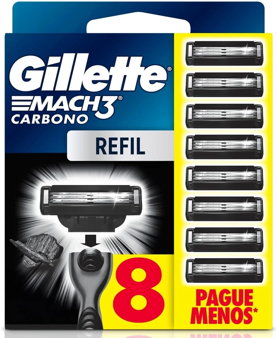 Gillette Mach3 Carbono Carga para Aparelho de Barbear com Carvão 8 Unidades