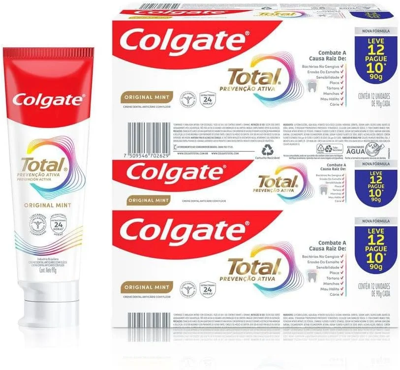 Colgate Creme Dental Total Original Mint, Prevenção Ativa, 90g 12 unidades