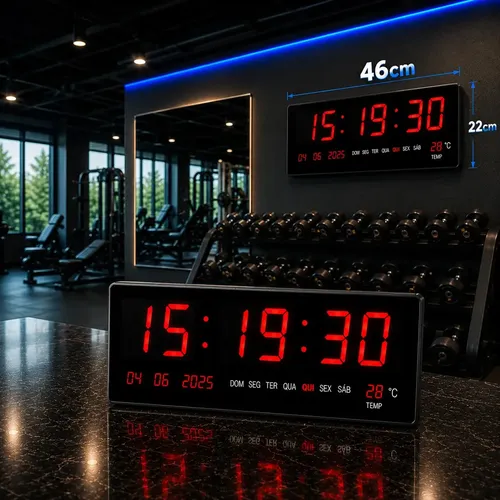 Relógio Parede Led Digital Grande 46x22cm Hall Entrada Academia Hospital Igreja Comércio Recepção Calendário Termômetro Data Hora 12/24h Temperatura Dia Mês Ano Memória Bivolt 110/220 Cor Preto