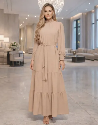 Vestido Longo Feminino Manga Longa Gola Alta Evangélico Luxo