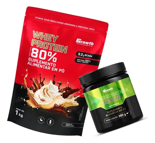 Kit Growth: Whey Protein Capuccino 1kg + Creatina Monohidratada 250g Sem Sabor