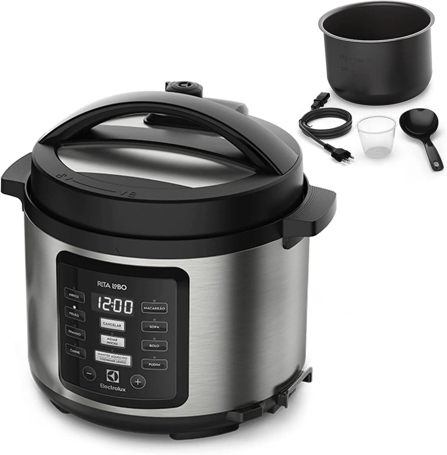 Panela pressão elétrica Electrolux digital capacidade 5L silenciosa segura 10 travas segurança 9 receitas pré-programadas PCC15 inox preto 127v por Rita Lobo