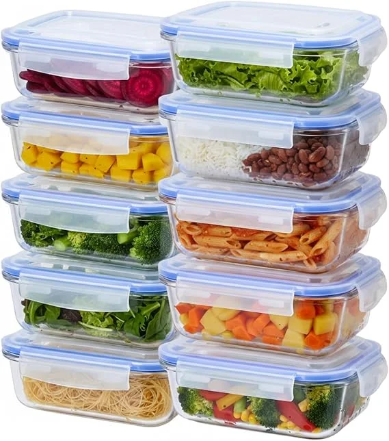 Kit 10 Potes Herméticos de Vidro 640 ml Retangular 4 Travas Marmita Livre de Vazamentos