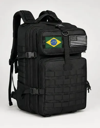 Mochila Tática Militar 50l Bagear Masculina Reforçada Impermeável Ideal Para Trabalho Viagem Camping Caça Pesca Com 2 Patch Bandeira Brasil Eua Cor Preta Preto Liso