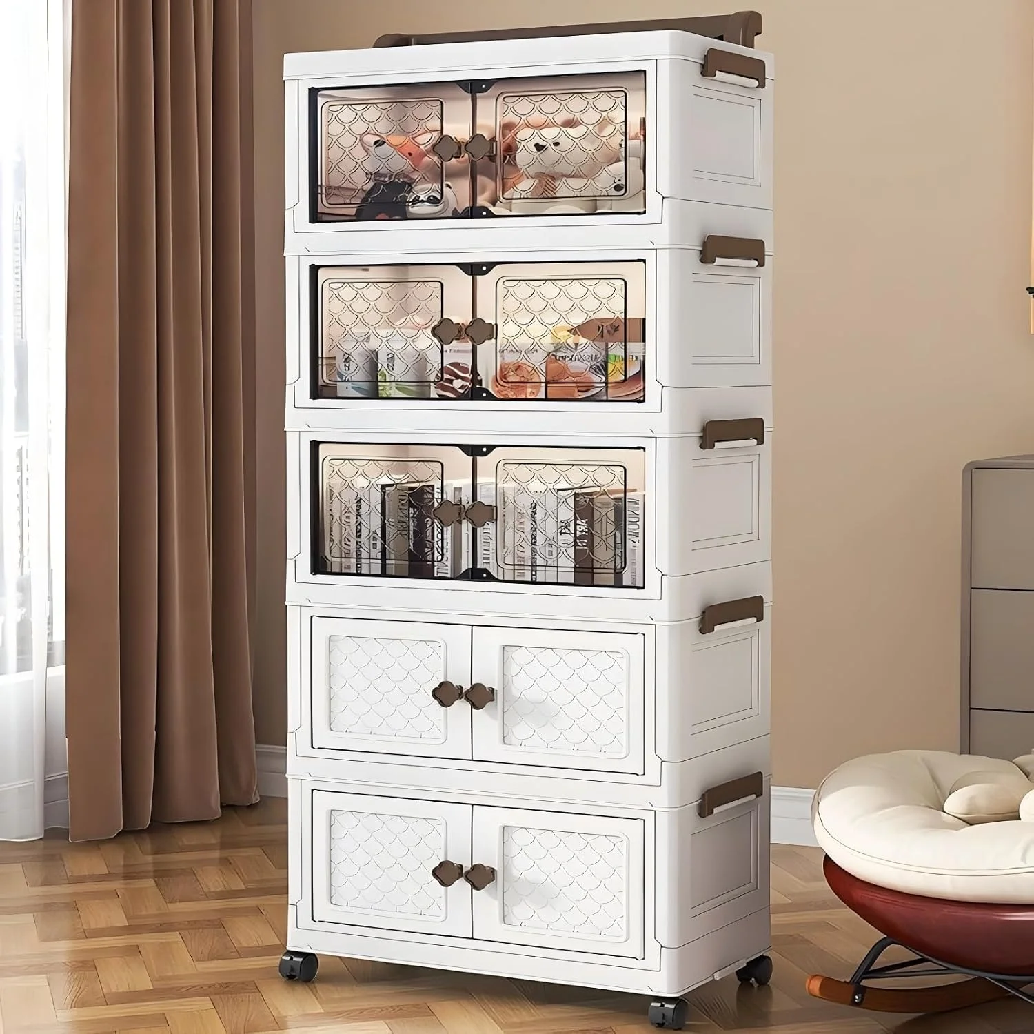 BEMMY Armário Multiuso Caixa Armazenamento Dobrável Rodinha,Armário Organizador Grande Dobrável de 5 Níveis 131.5 * 55 * 28CM