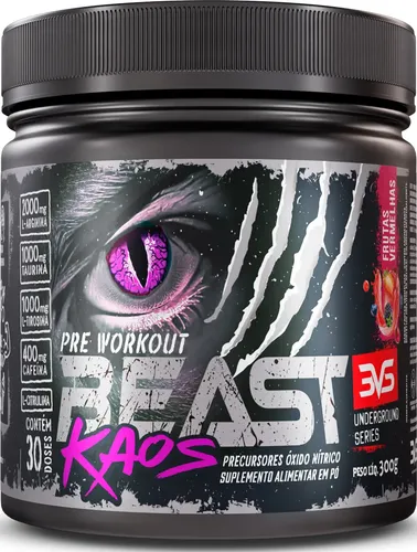 Pré Treino Beast Kaos 300g - Sabor Frutas Vermelhas - Extra Forte Com Citrulina, Beta Alanina, Cafeína, Arginina, Taurina E Tirosina
