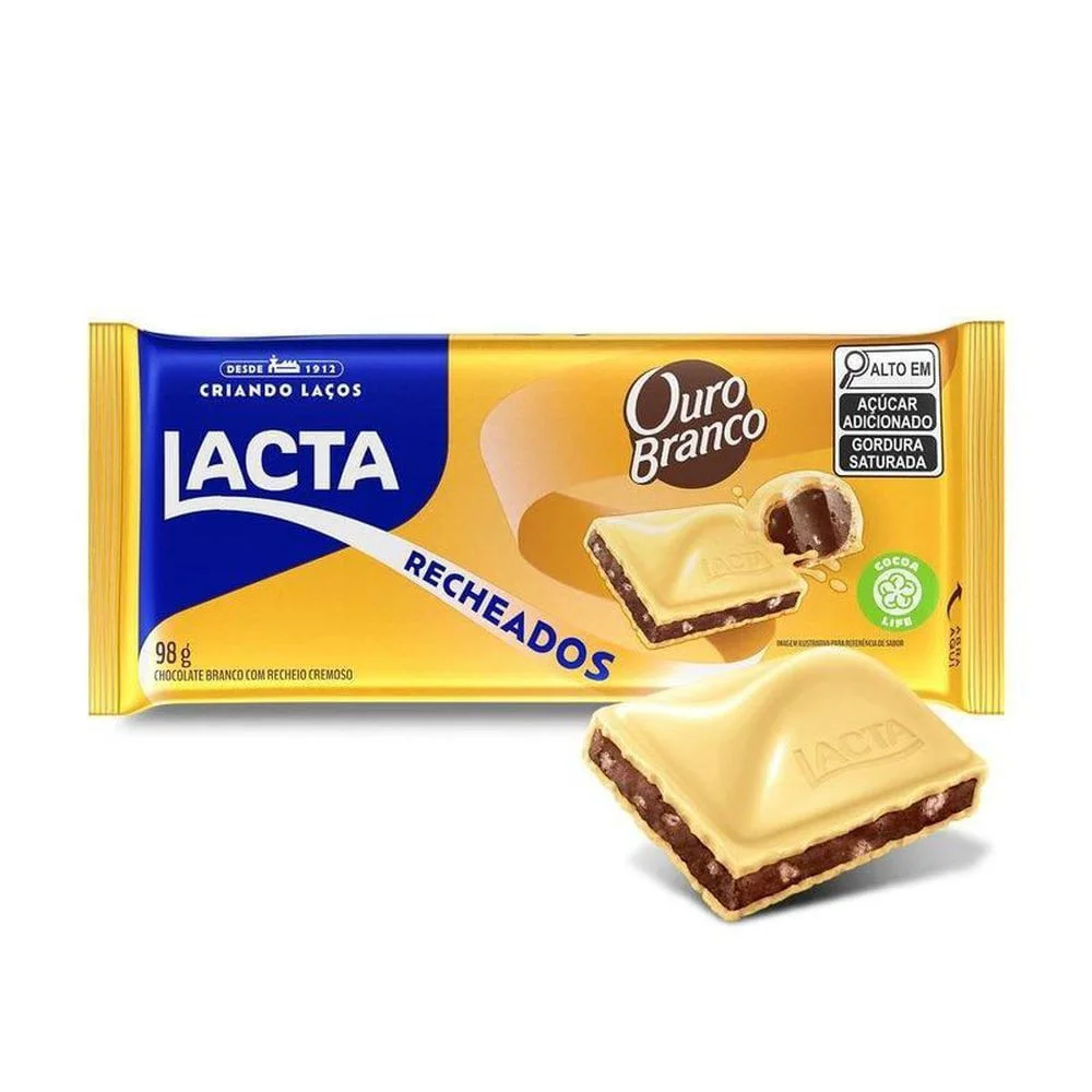Chocolate Branco Lacta Ouro Branco 98g Recheado Cremoso Chocolate Branco Lacta com Recheio Ouro Branco 98g