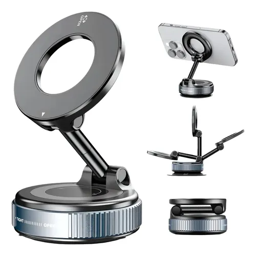 Suporte Para Celular Magnético Com Ventosa A Vácuo 360° Ajustável Universal Rotação Completa Fixação Forte Para Carro Mesa Espelho Academia Compatível Com iPhone Android Magsafe Preto