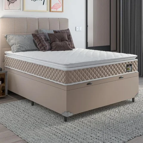 Cama Box Baú Casal Colchão D45 com Pillow Top Hellen Strong Bege Suporta até 150kg por Pessoa