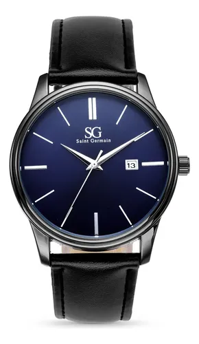 Relógio Masculino Preto Saint Germain Correia De Couro Preto Caixa Preta Fundo Azul Marinho 42mm Elegante Clássico