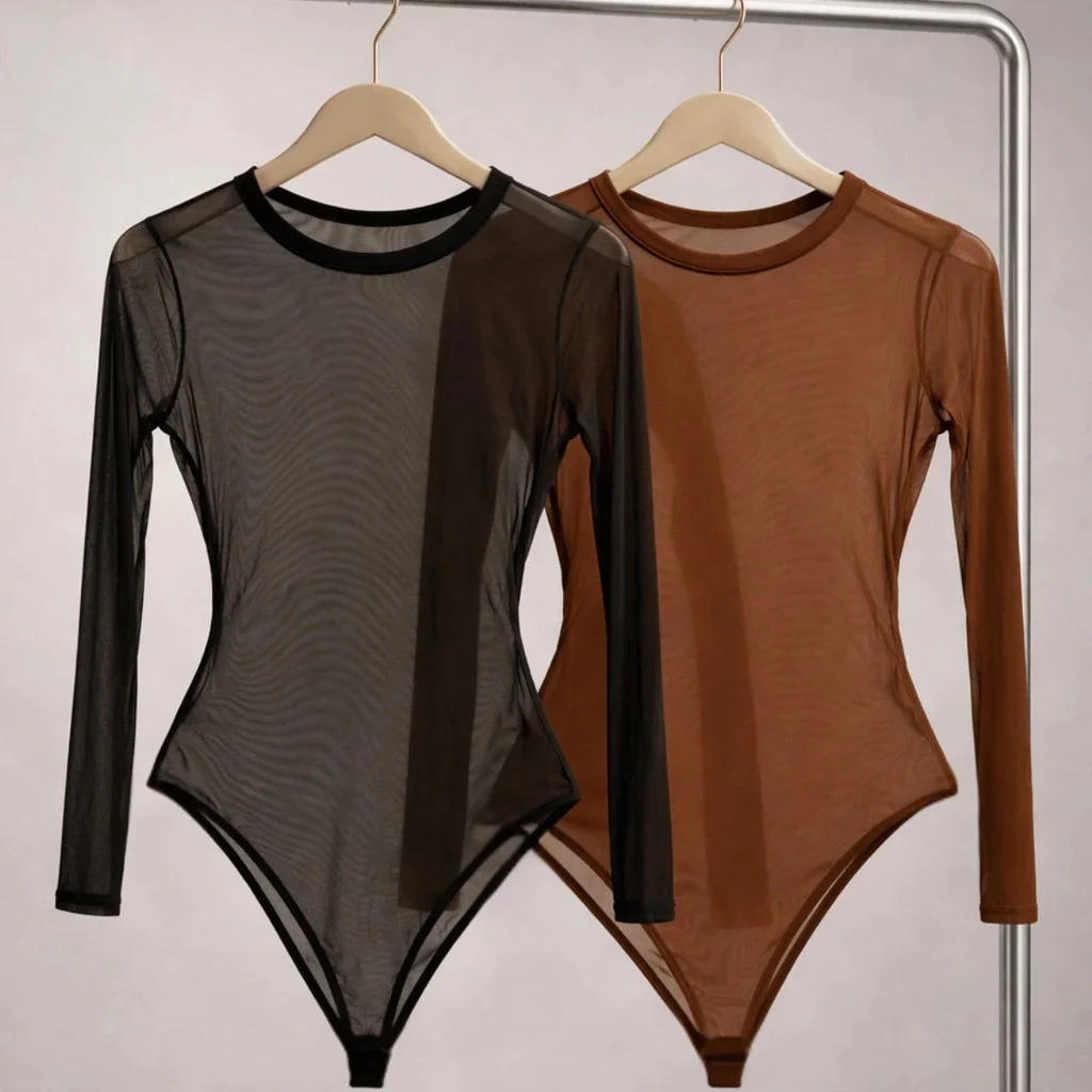 Body Tule Transparente Segunda Pele Feminino Manga Longa Gola Redonda Sexy Elegante Influencer Inverno