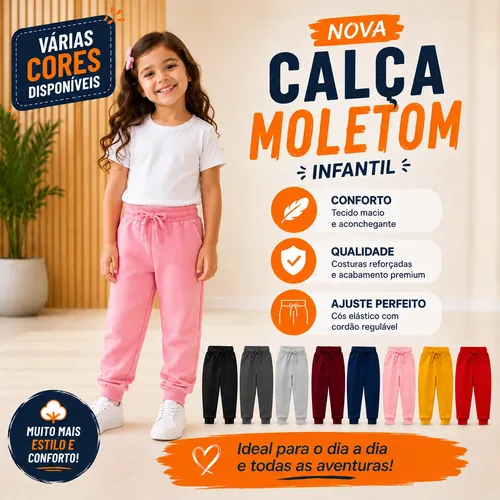 Kit 5 Calça Moletom Infantil Grosso Peluciado Creche Frio Sortido Menina Liso 8