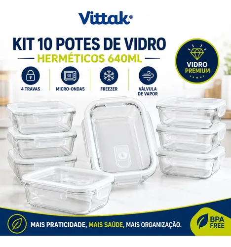 Vittak Kit 10 Potes Vidro Hermético Com 4 Travas Marmita Microondas Freezer Transparente 640ml