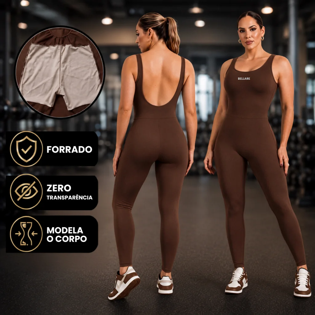 Macacão Fitness Forrado Feminino Longo Roupa de Academia com Costas Abertas Zero Transparência