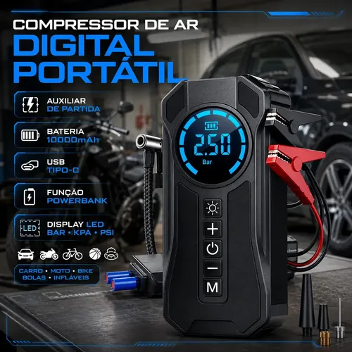 Mini Compressor De Ar Portátil Bateria Emergência Ignição Automotiva Potente Preto Compacto 127/220v