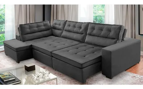 Sofá Canto Ret. Rec Molas 3,00x2,00 Esq Virginia Suede Cinza Cinza Suede