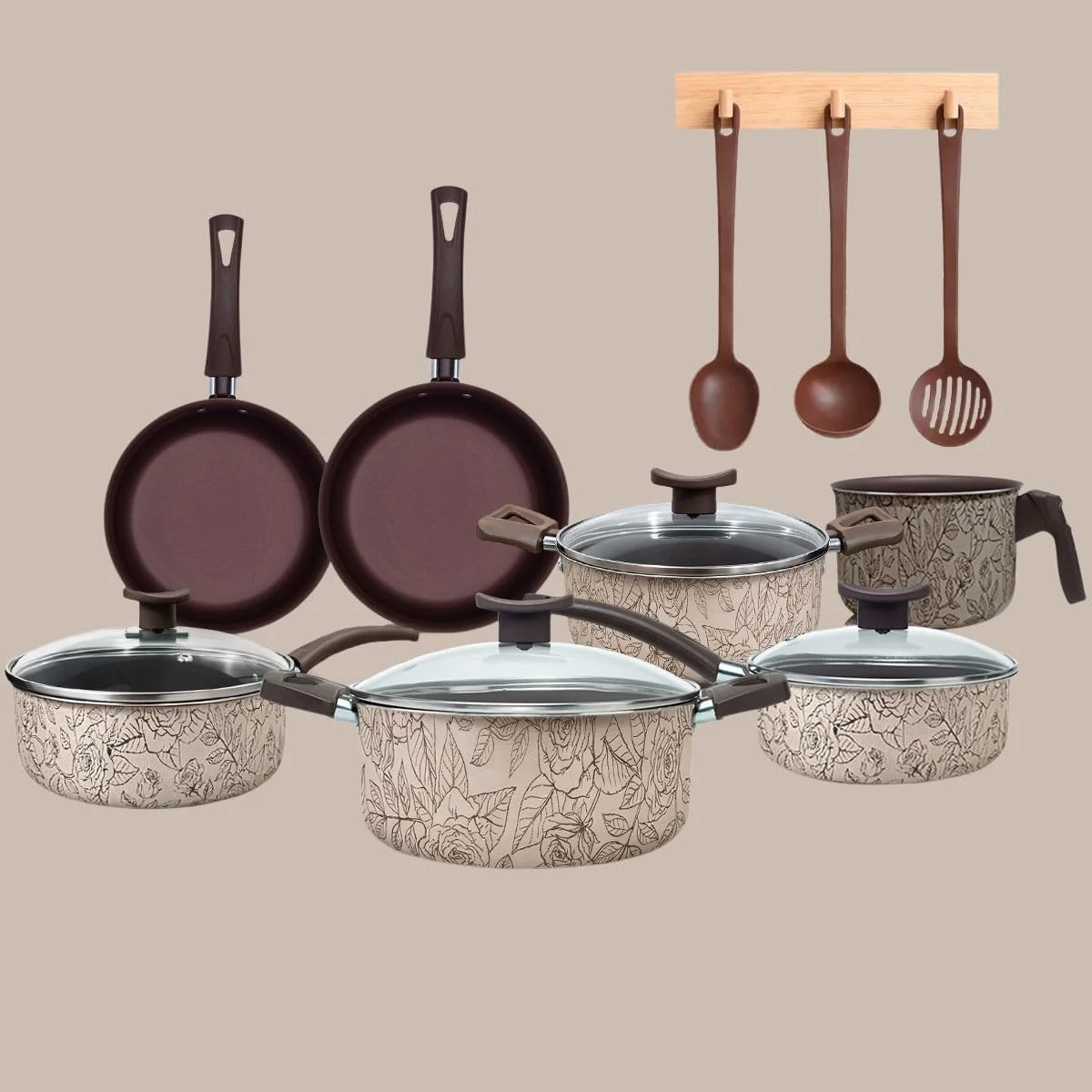 House Organizer Jogo de Panelas Antiaderente com Tampas de Vidro e Utensílios – 10 Peças (Fiori)