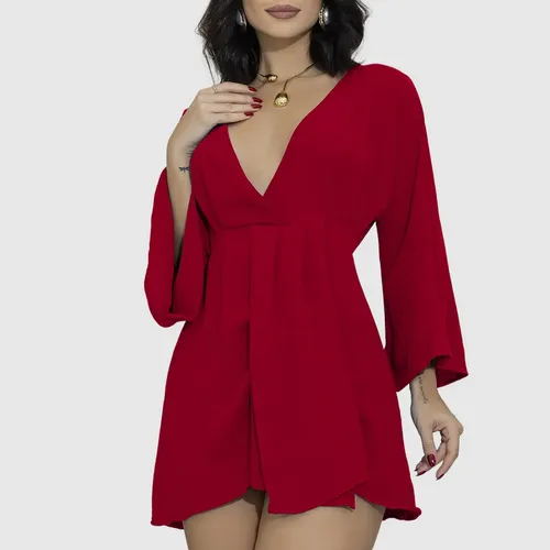 Vestido Feminino Curto Soltinho Social Manga Flare Dori Vermelho Único