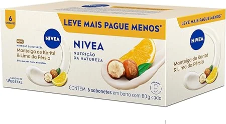 NIVEA Sabonete Vegetal Nutrição Da Natureza Manteiga De Karité & Lima Da Pérsia 80g (6 un.), Limpeza Delicada, Banho, Pele Macia e Hidratada, Fórmula Natural