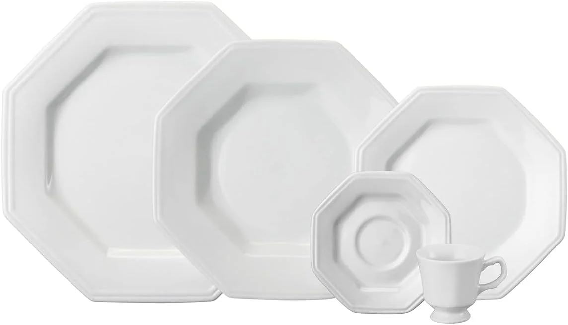 Serviço de Jantar e Chá em Porcelana, 20 Peças, Modelo Octogonal Prisma, Branco, Porcelana Schmidt