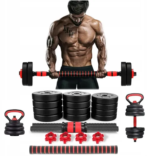 Kit Halteres Barra E Anilhas Musculação Kettlebell Ajustáveis Peso Academia 15kg Vermelho