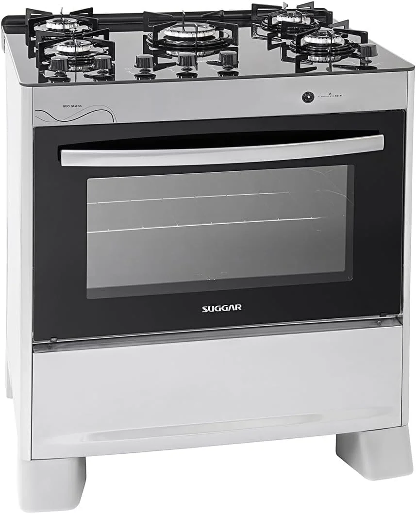 SUGGAR FOGÃO NEO GLASS PRATA MESA DE VIDRO 5 BOCAS TREMPE 6 APOIOS ACENDIMENTO AUTOMÁTICO FGVNG510PRIX
