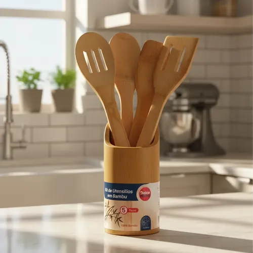 Kit De Utensílios Bambu 5 Peças Pau Colher Garfo Espátulas Bambu