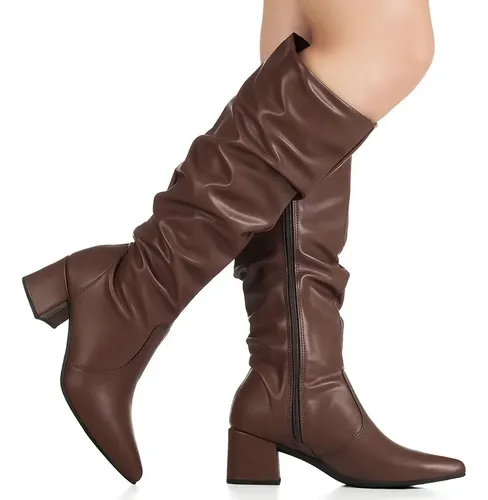 Bota Feminina Gigil Bico Fino Cano Longo Enrugado Slouch