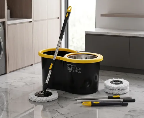 Mop Giratório 360° Balde Inox 8 Litros Centrífuga C/ 2 Refis Preto E Amarelo