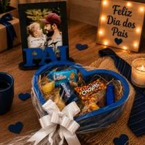 Cesta Dia dos Pais Formato Coração Premium com Chocolates Sortidos e Porta Retrato