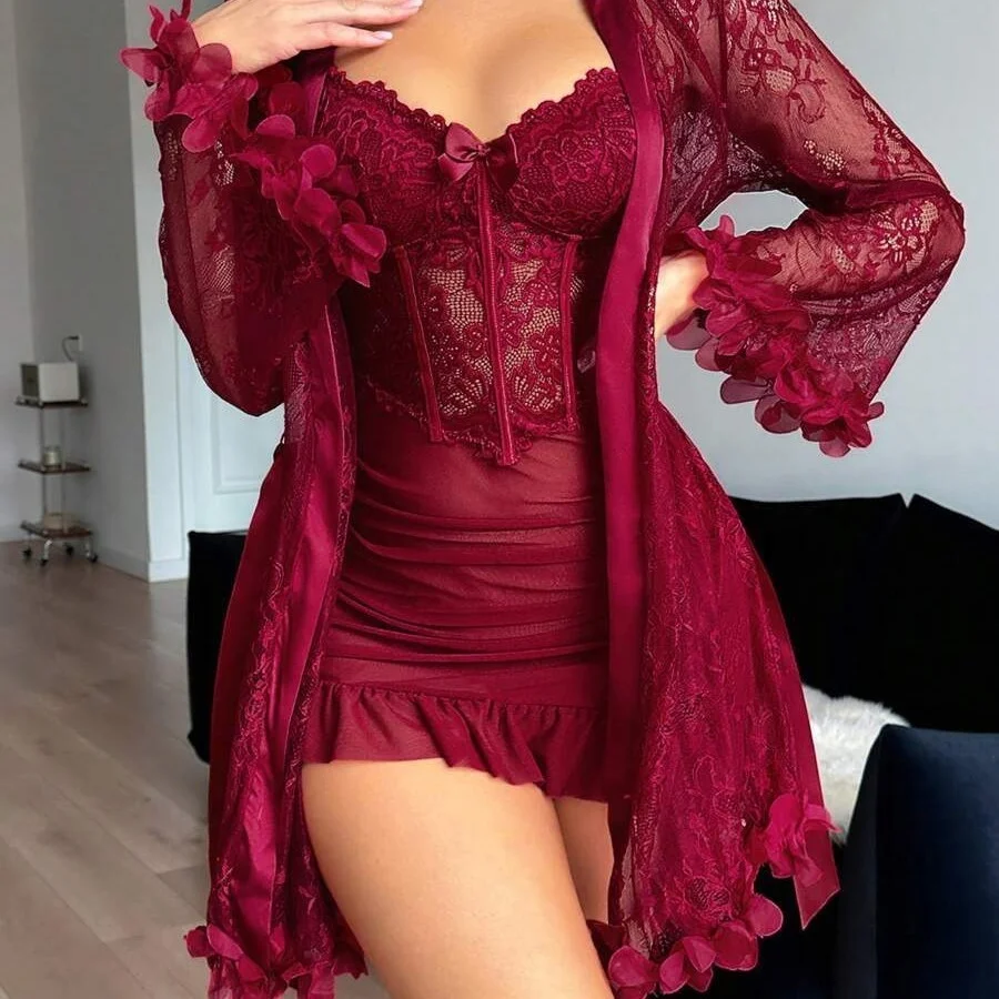 Camisola e Robe Feminino Cetim Elegante Sexy Renda Gaze Conjunto de 2 Peças