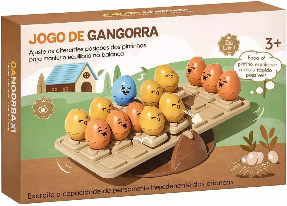 Jogo da Gangorra Ovo Equilíbrio Infantil, Brinquedo Educativo Matemático STEM, 18 Pintinhos Coloridos, 3+ Anos, 18,5x10,5x5,5 cm, com Base e Bolsa, Estimula o Raciocínio