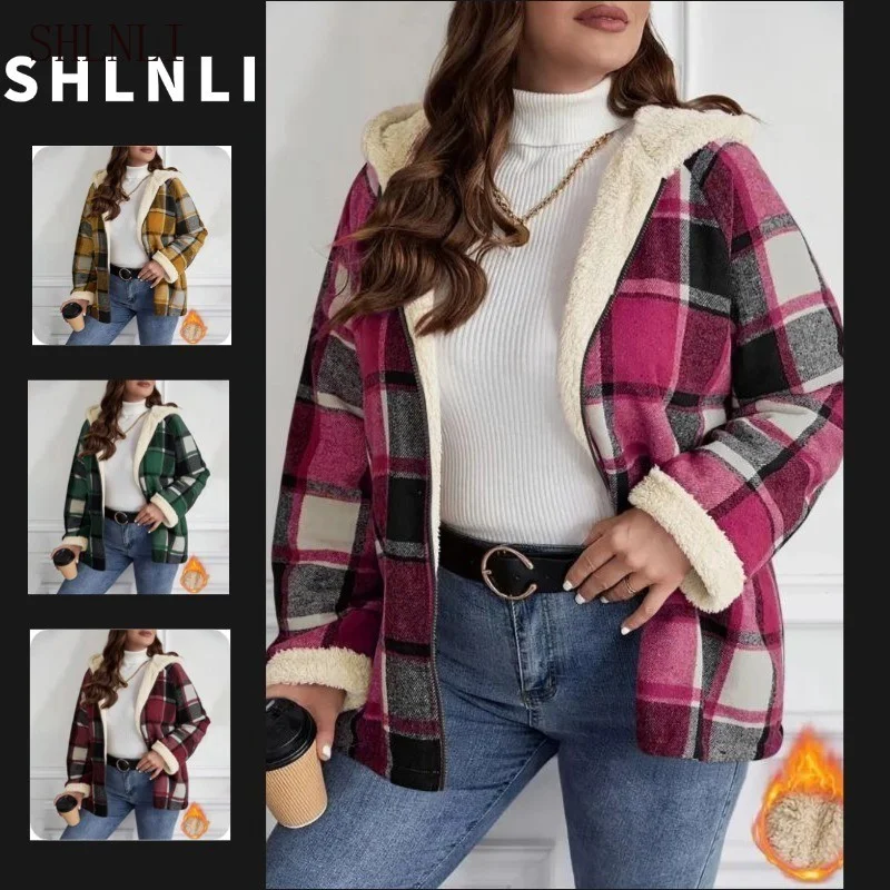 Jaqueta Feminina Plus Size Xadrez Sherpa Forrada Com Capuz Agasalhos De Inverno