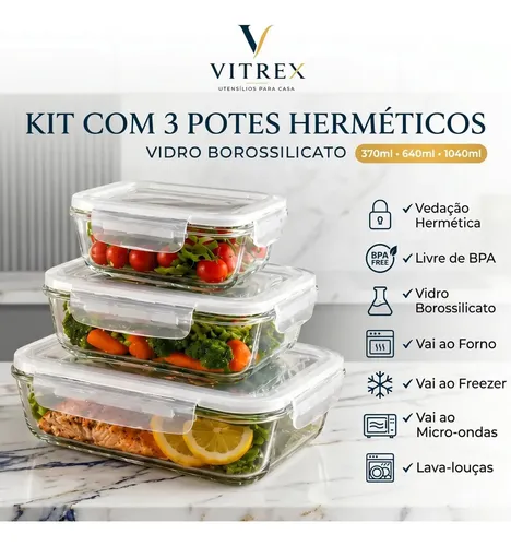 Kit 3 Pote De Vidro Marmita Hermético 370, 640ml, 1040ml Freezer Fitness Vitrex Transparente