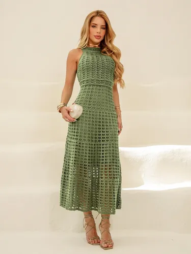 Vestido Midi Tricot Crochê Sem Manga Elegante Festa Praia