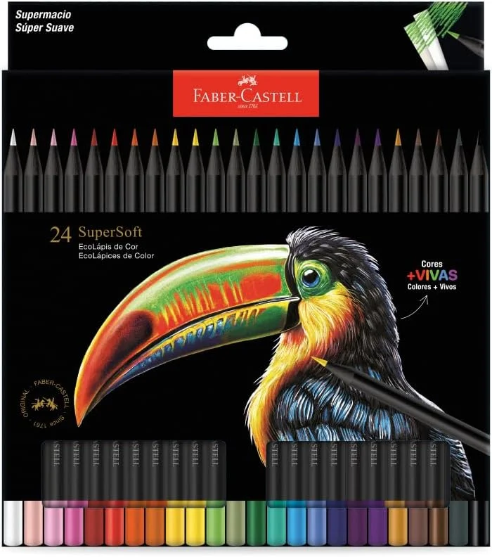 Faber-Castell Lápis De Cor Supersoft com 24 Cores - Ecolápis super mácio com cores mais vivas, excelente cobertura