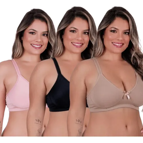 Kit3 Sutiã Plus Size Alças Reforçadas Soutien Confortável Nude/preto/rosa 58