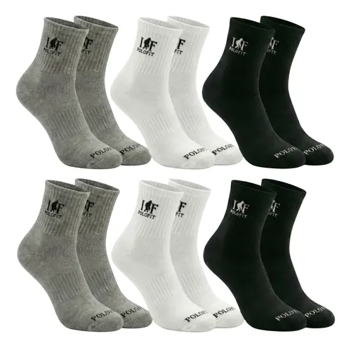 Kit 6 Pares Meia Cano Médio Alto Unissex Algodão Polo Fit