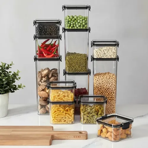 Kit 12 Potes Herméticos Quadrados Haushop Para Alimentos Transparente Transparente Com Tampa Preta