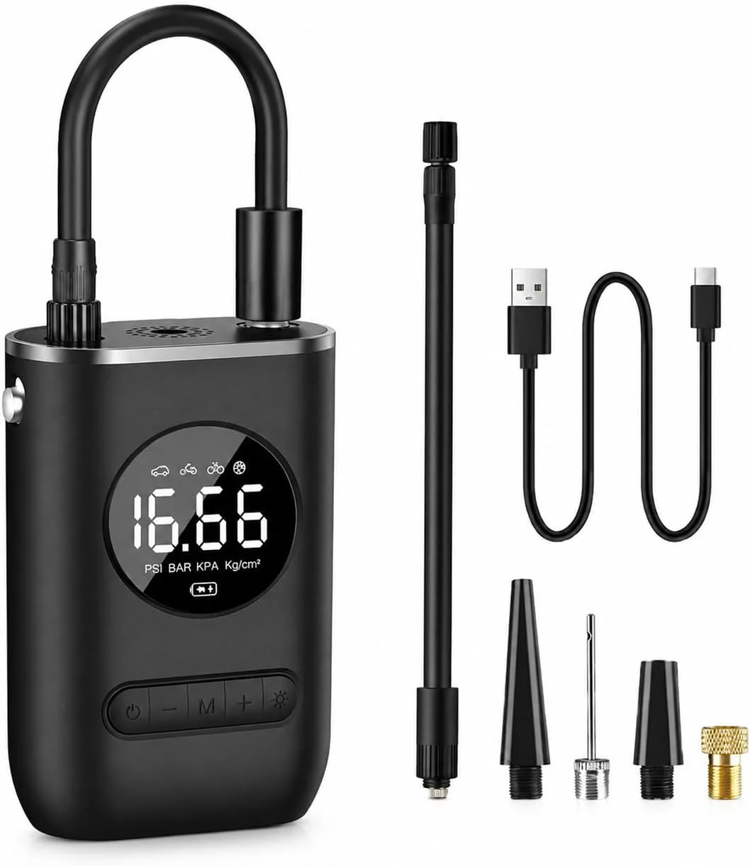 Compressor de Ar Portátil Digital com Display LCD e Lanterna LED – Mini Bomba Elétrica Recarregável para Pneus de Carro, Moto, Bike, Bola e Infláveis