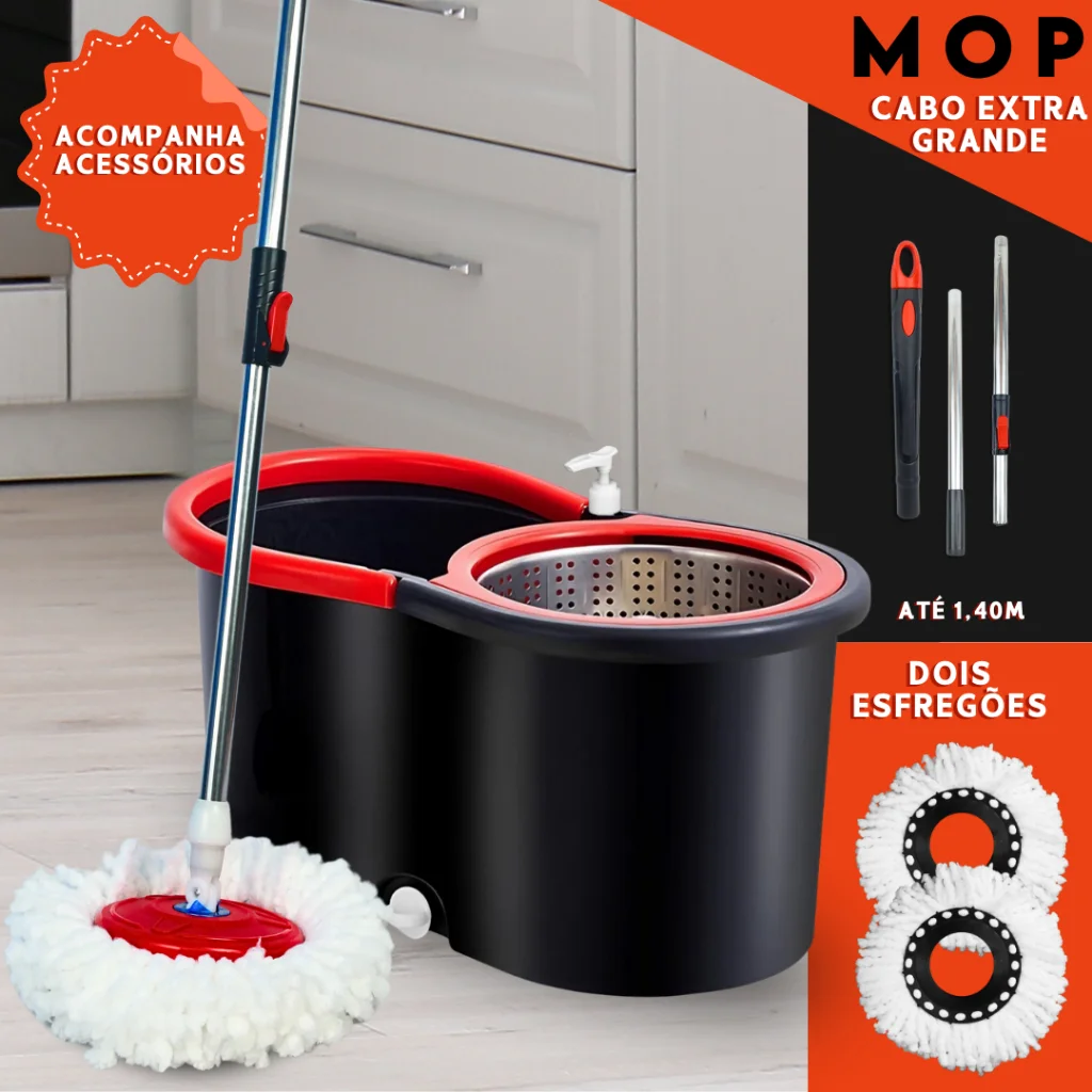 Mop Giratório 360 Cabo 140cm Balde Centrífuga Cesto Inox 14L 2 Refis Microfibra Esfregão Spin