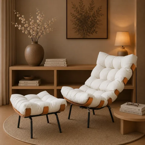 Poltrona com Puff em Linho Bege/Off White Costela 67cm