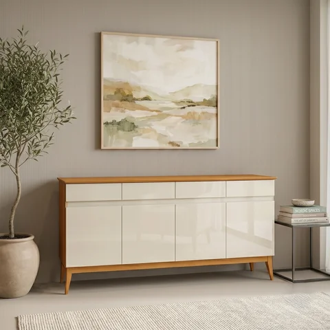 Buffet Aparador 4 Portas e 4 Gavetas em MDF com Pés em Madeira Maciça Bege/Off White/Cedro