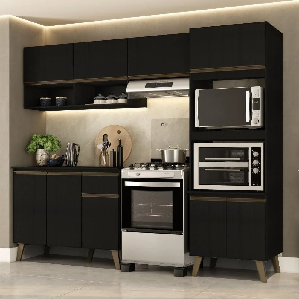 Armário de Cozinha Completa c Balcão Atlanta Essence Carraro Preto Touch