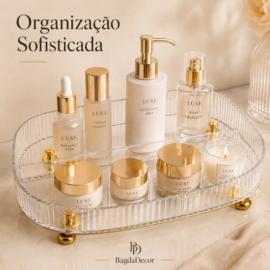 ✅Bandeja Acrílica com Pés Dourados | Organizador de Maquiagem, Perfumes, Joias e Cosméticos🔝