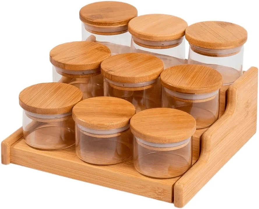 Oikos - Kit 9 Potes de Vidro 110ml com Tampa de Bambu Hermético e Rack Organizador | Borossilicato, vedação em silicone, BPA Free, porta temperos, cozinha organizada, fácil limpeza, design natural