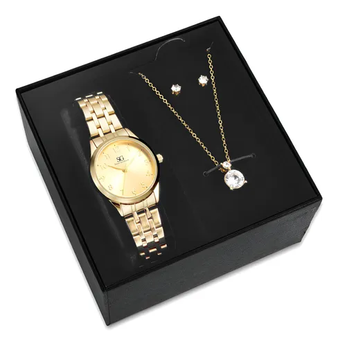 Kit Relógio Colar E Brincos Ponto De Luz Dourado Feminino Luxo Golden Saint Germain Presente Original Joias Elegante Clássico 28mm