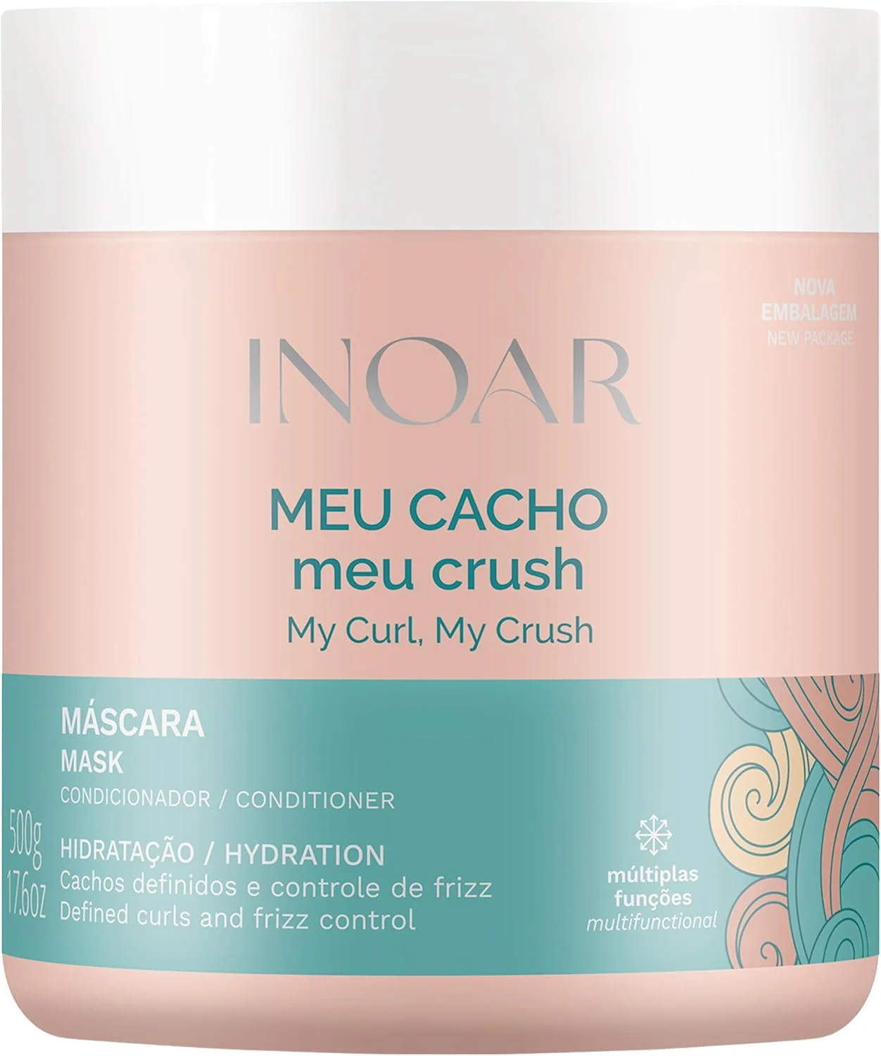 Inoar, Máscara Capilar Meu Cacho Meu Crush – Hidratação, Brilho e Definição com Colágeno Vegetal e Vitamina E - 500ml