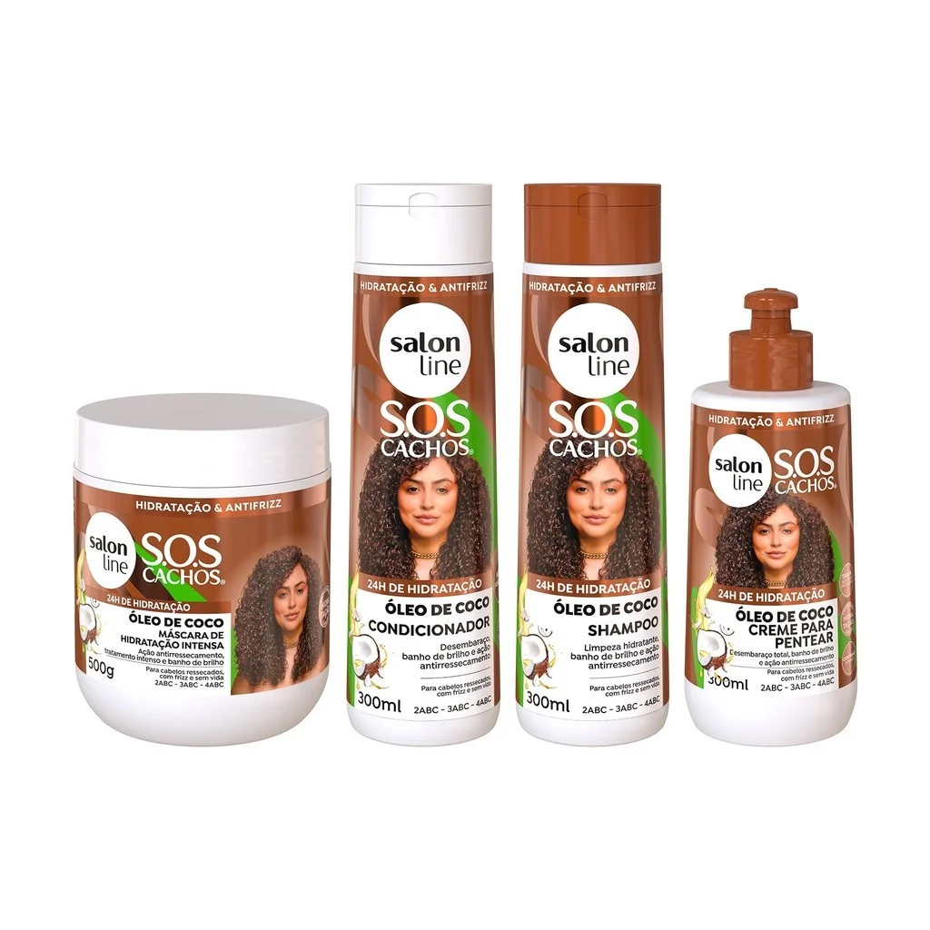 Kit SOS Cachos Coco Shampoo + Condicionador + Creme de Pentear + Máscara Salon Line